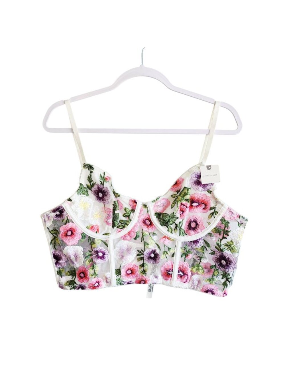 Floral Embroidered Mesh Corset Top Anthropologie White Pink Purple Size L New